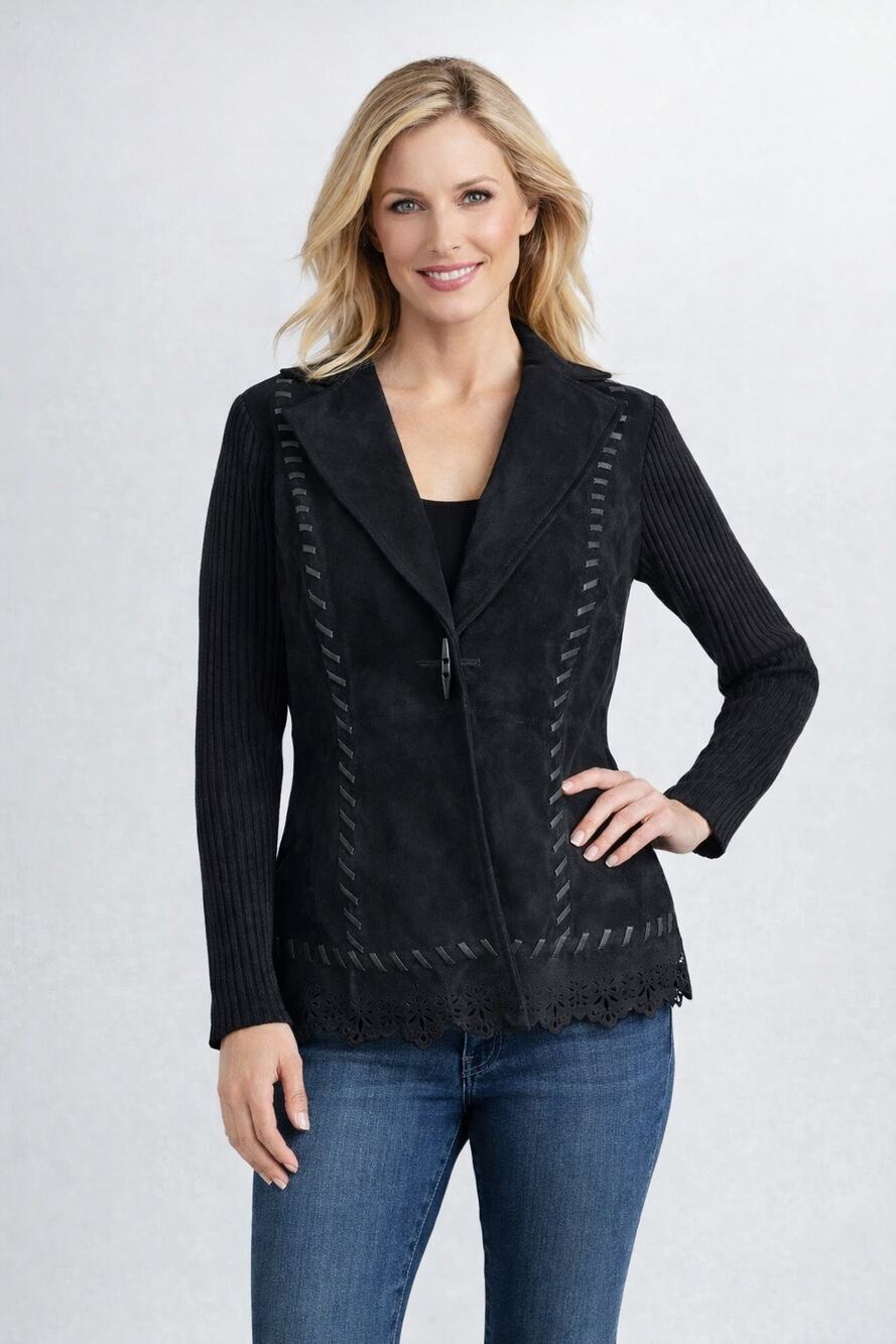 Nygard Black Leather Suede Jacket Knit Sleeves Western Scalloped Hem Women’s M
